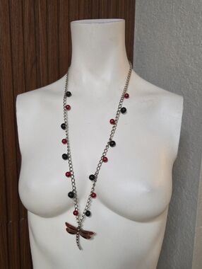 Long Silver Chain Dragonfly Pendant Necklace with Red and Black Beads